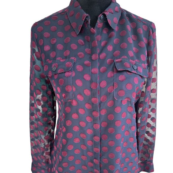 Chico's Size 0 Navy & Purple Polka Dot Sheer Long Sleeve Button Blouse - Picture 1 of 4